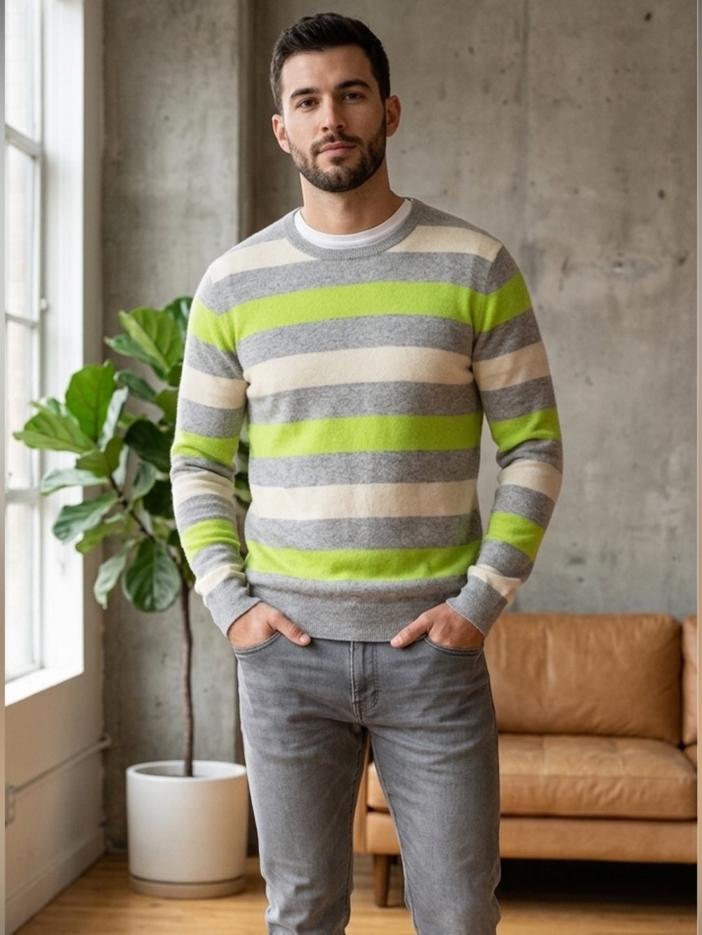 100% CASHMERE SIMONS Striped Gray/Green  Men's Unisex Sweater X-Large